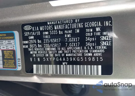 2019 Kia Sorento 2.4L L z USA, uszkodzony, nr VIN 5XYPG4A39KG519815